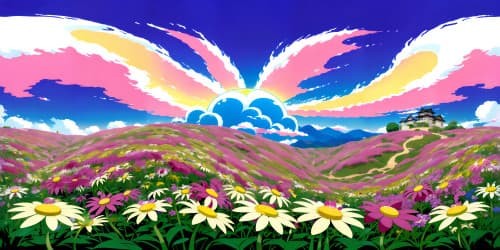 VR360 masterpiece, dazzling sun descent, silhouette of rabbit, grass blades in anime-style backlit. Vibrant sky hues, ultra-HD quality, expansive, sweeping perspective. Incorporate finesse, exceptional detail, anime-style sunburst, chart-topping VR360 palette mix.