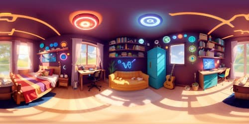 VR360, ultra-HD, cozy bedroom studio, full of geek chic, walls adorned with vintage posters, glowing neon tech, VR collections displayed, comic book textures, Pixar-style rendering, high-quality, artistic masterpiece