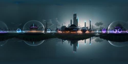 Masterpiece of ultra-high-resolution VR360, Cloud City panorama. Floating islands, glass-domed buildings, intangible bridges. Sky colors mirroring city below. Reflective, gleaming edifices. Style: Digital-fantasy, soft-edged shapes, vivid hues.