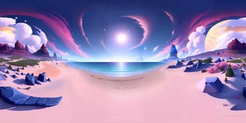 VR360 obsidian beach, ultra-high-resolution, gleaming black grains. Central focus, blush-pink sun descending, VR360 luminous solar aureole. Absolute masterpiece, prime digital art, infinite horizon.