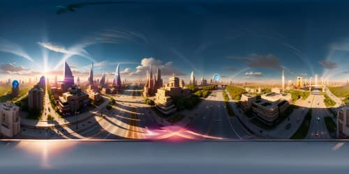 VR360 panorama of bustling metropolis, density of high-rise architectural wonders, traffic veins pulsating with radiant headlights, crisscrossing bridges. Style: Ultra HD, meticulous detailing, photographic realism.