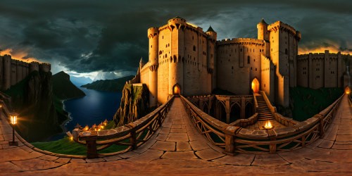 Imposing fortress of Helms Deep in flawless ultra-high resolution, mesmerizing stone walls, towering battlements, torchlight dancing on aged stone, starlit sky with foreboding storm clouds, enveloping you in the epic majesty of Middle Earth.