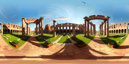 Ancient Rome architecture, marble pillars, triumphal arches, ornate statues. VR360 view, vast Colosseum, aqueducts in distance. Cobblestone streets, bronze braziers, sunset-tinted sky. Ultra high-res quality, reminiscent of a masterpiece, detailed textures. VR360 panorama, rendered in digital painting style.