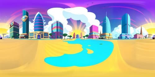 VR360 scene: Paw Patrol, cityscape, towering HQ, brilliant sunrise. Style: Pixar, 4K resolution, vivid colors, deep contrast. Emphasize: Pup vehicles, in formation, ready for duty. Foreground: Minimal, VR360 view focused on sky, clouds lit by sunrise.