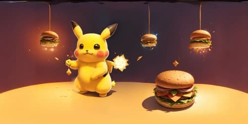 fluffy Pikachu holds a cheese hamburger in hand