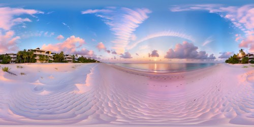 Masterpiece quality, Maldives setting, extraordinary detail, VR360 ultra-high resolution. Azure sea spanning horizon, pearlescent white sandbank, minuscule coral details. Palm trees' silhouette against dazzling sunrise, painterly style. Iridescent hues of pinks, oranges, purples. VR360 immersive tropical paradise.