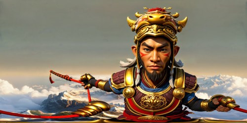 Blackmyth wukong sun wukong in armor holding the stick inspired by Li Kan Hu Zaon from Warcraft cg artist vex movie close up three kingdoms
