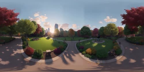 VR360 ultra-high resolution, masterful depiction, fall colors skyview over Central Park, NYC skyscrapers skyline contrasting, vibrant autumnal hues, VR360 immersive panoramic display, precision detailing.