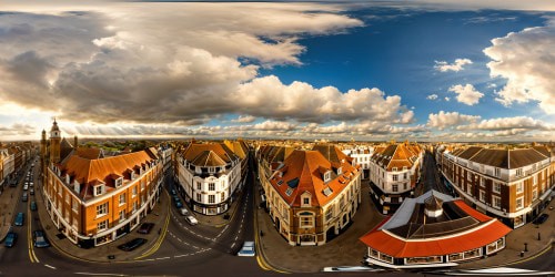 An immaculate, ultra-high-definition portrayal of the vibrant Croydon High Street in 1995, teeming with a kaleidoscope of eclectic shops, classic cars nestled on the cobblestone road, majestic Victorian structures standing tall beneath a partly cloudy sky, evoking the enchanting nostalgia of a past epoch with unparalleled precision.