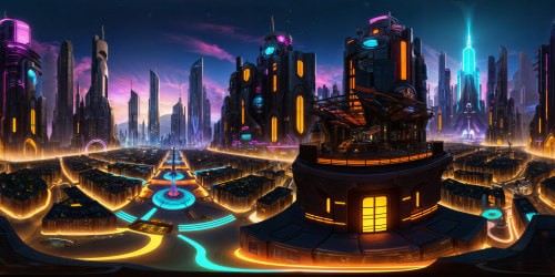 An artistically rendered cityscape of a flawless cybercity sprawling across a glittering peninsula, where neon lights cascade in a vibrant technicolor glow over futuristic structures, casting a warm and inviting ambiance in the flawless year of 3099, all captured from the mesmerizing perspective of the town square.