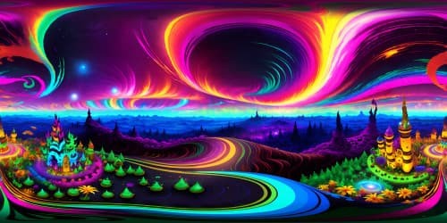 VR360 masterpiece, ultra-high-resolution, mind-bending, surreal virtual realm, lava lamps flowing like liquid rainbows, vibrant color swirls, cosmic dance transcending reality, psychedelic VR360 wonderland.