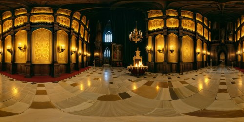In the opulent royal chamber of King Henry VIII, intricate golden tapestries hang from towering stone walls, illuminated by the warm glow of flickering torches, casting dancing shadows on the polished marble floors.