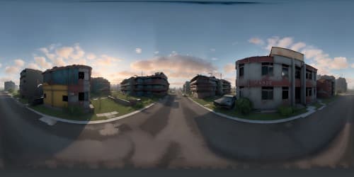 VR360, roof top view of ultra high-res masterpiece, decaying cityscape, post-apocalyptic devastation, abandoned vehicles, eerie emptiness, sans human presence. VR360, surreal art, weathered textures, somber palette. sky view skyline