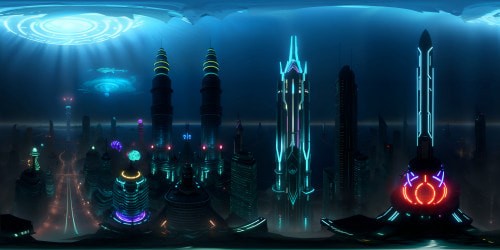 Bioshock-based VR360 scene: Rapture Cityscape, neon lights, Art Deco architecture, underwater panoramas. Sea creatures, looming skyscrapers, submarine transport tubes. Art Nouveau ultra high-res style, masterpiece level details, luminous, glowing VR360 vistas. Grandeur, dystopian majesty, iridescent sea flora.