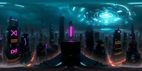 VR360 cyberpunk cityscape masterpiece, ultra high-res, neon-lit urban panorama. VR360 dystopian skyline, holographic billboards in the sky, towering megastructures, detailed architecture.