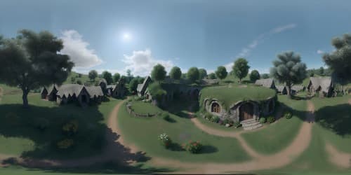 Ultra high resolution, immersive VR360 landscape, Lord of the Rings inspired, daylight in Shire, flowing river, hillside hobbit holes with circular doors, magical realism style, enchanting masterpiece, pastoral, idealized rural scene.