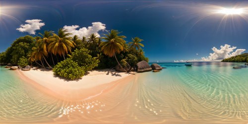 A breathtaking paradisiacal island scene with crystal clear turquoise waters, pristine white sandy beaches, lush tropical palm trees, vibrant coral reefs visible under the surface, radiant sun shining overhead in a flawless, high resolution image.