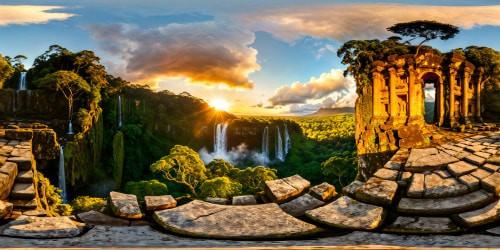 Vibrant and detailed ancient ruins amidst a lush overgrown jungle, sunlight filtering through thick foliage, moss-covered stones, cascading waterfalls, mystical ruins under a golden sunset, HDR rendering.