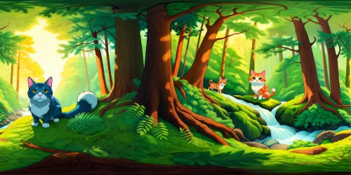 A flawless, vibrant forest scene with a majestic cat prowling amongst towering trees, dappled sunlight filtering through lush green leaves, detailed moss-covered rocks, enchanting mist weaving through ancient ferns, and a tranquil river winding in the background, in unrivaled ultra high resolution perfection.