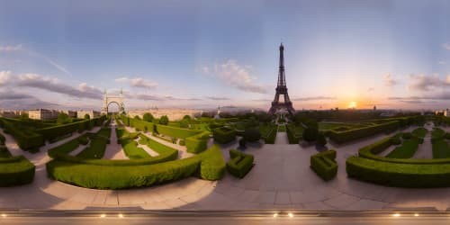 VR360 view from Parisian window, wrought-iron grill, Eiffel Tower silhouette, finest Renaissance architecture, Paris skyline dusk, masterpiece-style, ultra-high resolution, bewitching grandeur.