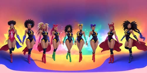 four african american women wearing leotards with red thigh high boots.  one woman has dreadlocks. one woman is topless. she has a large mace.