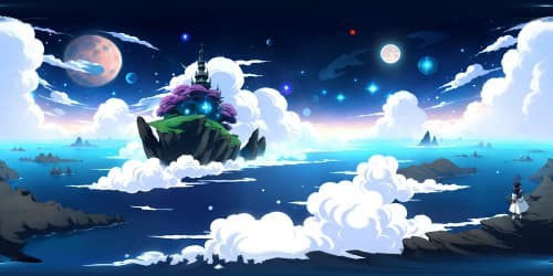 Ultra high-res VR360 masterpiece, astral express from Honkai Star Rail, character models of Honkai Star Rail and Genshin Impact visualized, celestial hues, shimmering astral bodies, elegant cosmic scenery, Genshin Impact stylization, floating islands, ethereal lighting effects.