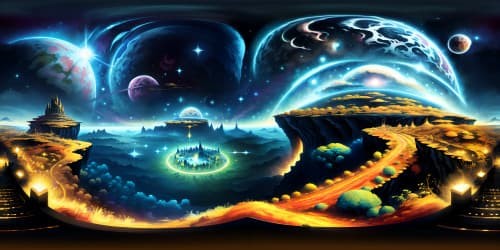 VR360 panorama masterpiece, ultra high-res. Golden twilight canvas, distant galaxies, luminous constellations. Nightfall at zenith, atmospheric depths, impressionistic cloud wisps. Pixar style, vibrant hues, VR360 immersive perfection.