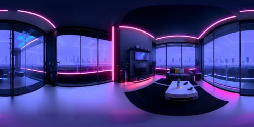 VR360 luxury cybernetic apartment interior, expansive living space, minimalist design. Ambient luminescence, high-rise VR360 city vistas, neon-lit skyscrapers, glowing energy networks. Floor-to-ceiling windows, vertigo inducing elevation. Masterful digital painting, ultra-HD quality.