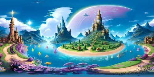 fantasy style, VR360 enchanting fairy realm, floating ethereal islands, unicorn silhouettes against iridescent skies, mermaids' sparkling tails, dolphins dancing on rainbow-hued waves, pixie-dust clouds, ultra-high-resolution, top-quality VR360 art