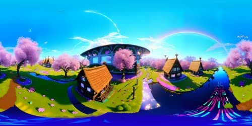 Ponyville, pristine perfection. VR360 view, radiating pastel-hued cottages, enchanting rainbow river. Thatched roofs, shimmering aurora overhead, celestial constellations, twinkling stars. Blossoming apple trees, VR360 vision, luminous moonlight, ethereal glow. Ponyville - ultra high-res, mesmerizing