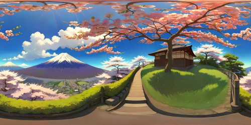 Ancient Japan, Mt. Fuji backdrop, cherry blossoms in full bloom, traditional Japanese art-inspired VR360. Ultra-high resolution, masterpiece quality, highly stylized visuals. Intricate kimono patterns, stylized cherry blossom arrangement. VR360 immersive skyline, Mt. Fuji majesty, ethereal cherry blossoms.