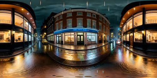 VR360 noir cityscape, pouring rain drenched streets, reflective puddles, urban melancholy. Ultra-hi-res, masterpiece quality. Nighttime VR360, desolate city street in downpour. Best quality, digital painting style.