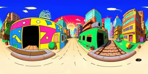 VR360 perspectives of underground lair, pizza boxes strewn, subway-car-turned-living-quarters, graffiti art style. Technicolor turtle shells in foreground, cityscape silhouette through sewer grate. Optimized for digital, ultra high-res masterpiece, vivid Pixar-like detailing in VR360.