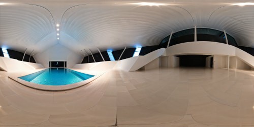 A massive, immaculate indoor space with vast liminal pools reflecting eerie fluorescent lighting off pristine white minimalist tiling, HUGE GEOMETRIC SHAPES LIMINAL POOL