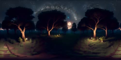 VR360 ultra-high-resolution masterpiece, moonlit forest, whispering silhouettes of ancient trees, glittering night sky, ethereal glow of nocturnal critters. Blending reality and fantasy art.