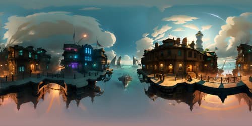 Masterpiece-quality VR360 scene, BioShock Infinite-inspired, ultra-high resolution. Key elements: Steampunk metropolis, floating cityscapes, lighthouse beacon. Style: Surreal art, intricate architectural detailing, vibrant color contrasts. Emphasize expansiveness, verticality, atmospheric perspective.