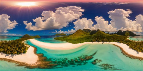 A pristine, flawless tropical island paradise bathed in golden sunlight, crystal clear azure waters lapping against powder soft white sandy beaches, lush emerald palm trees, dazzling colorful coral reefs, and a radiant, cloudless sky, a picture-perfect, high resolution masterpiece of natural beauty.