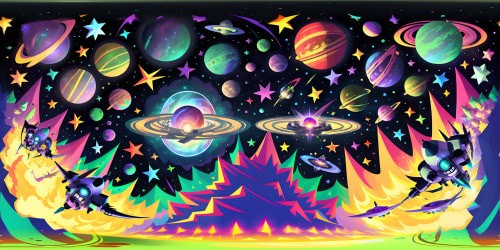 Ultra-high resolution, VR360 cosmos, Rick and Morty-style. Multicoloured nebulae, twinkling star clusters, psychedelic planet formations. Comical spacecraft outlines, quirky alien constellations, signature squiggled galaxy shaping. Oversaturated hues, bold cartoon outlines, interstellar jest in VR360 visual scope.