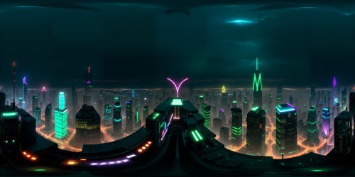 Cyberpunk cityscape, towering neon skyscrapers, intricate circuitry patterns. Glowing holograms, floating digital billboards, rain-slicked streets reflecting vibrant lights. VR360 view of futuristic skyline,  ultra high resolution. Style: anime-inspired, masterpiece execution, quality details. Prominent luminous tones, stark contrasts for depth. VR360 immersion in cyber-world.