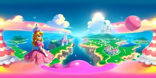 Princess Peach (supermario bro character) blonde hair and wearing pink dress. background is pink and white castle