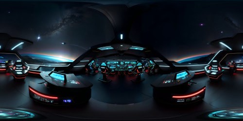 Ultra-high resolution, grandeur Starship Enterprise bridge, VR360 star-studded cosmos view. Sleek, metallic command console, astrogation 3D holography. Futuristic, Pixar-style aesthetics, VR360 vibrant colors, soft gradients. Neon light trails, starlight reflections. Optimized, immersive, dramatic cosmic panorama.