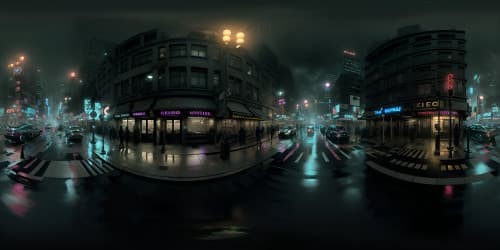 1920s style, mobsters ambiance, Art Deco architecture, VR360 panoramic skyline, ultra HD quality, New York cityscape, masterfully rendered, gritty film-noir mood, detailed shadows, high contrast scenes, rain-soaked streets, neon-lit signs, VR360 expansive viewpoint