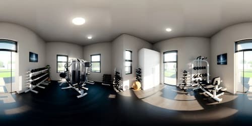 Ultra high-res VR360, 3D rendered reality, chiseled male fitness model in static pose, detailed muscle definition. Minimalist gym setting, focus on sculpted physique. Realistic style, crafted with finesse.