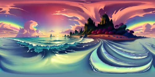 Translucent sea, frothy white waves, pastel sunset. A silhouette, symbolizing transgender pride, against the fiery oranges. Contrast of bright sky, gently darkening beach. A VR360 scene, surreal art style, ultra high res, masterpiece quality. Geometrical patterns, rainbow accents in the sky, VR360 panorama.