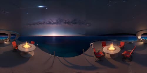 floating in the middle of an infinite deep blue ocean at night with sunsetting in the horizon with clear sky and shooting stars viewed from the sky