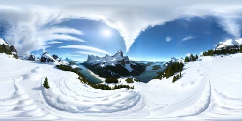 VR360 scene: majestic Alpine mountain peak, sparkling snowflakes dancing around, sunlight glinting off icy surfaces, crystal-clear aquamarine glacial lake. Style: hyper-realistic digital painting, crisp lines, intricate detailing, vibrant colors, contrast enhancement. VR360 view for immersive clarity, ultra-high resolution for maximum immersion.