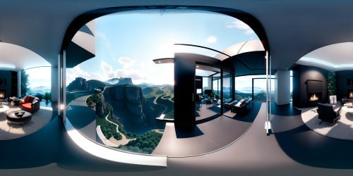 VR360 view of open-space lobby, mountain panorama through towering glass walls. Glossy modern furniture, minimalistic design. Masterpiece appeal, ultra-high-resolution quality. VR360 scene of sophisticated elegance, panoramic mountain vistas.