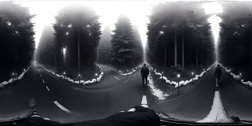 two boys together holding hands walking on a dirt pathway through a dark rainy forest with a black and white cat walking with them. romanic. hope.