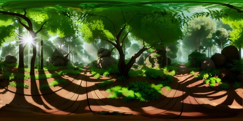 Masterpiece quality, ultra-high resolution VR360 forest panorama. Surreal, stoic forest, trees with "armsy" likeness stretching out, daylit. Striking God rays, crisp sunbeams filtering through canopy. VR360 view, lush green foliage basking in radiance. Style: hyper-realistic, enchanting.