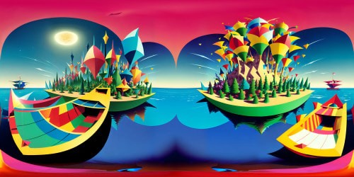 VR360 view of lovers' voyage, signature Picasso-style cubism, multi-faceted shapes, kaleidoscopic colors, journey symbolism, hearts integrated subtly, floating origami boats, ultra-high resolution, VR360 romantic masterpiece.